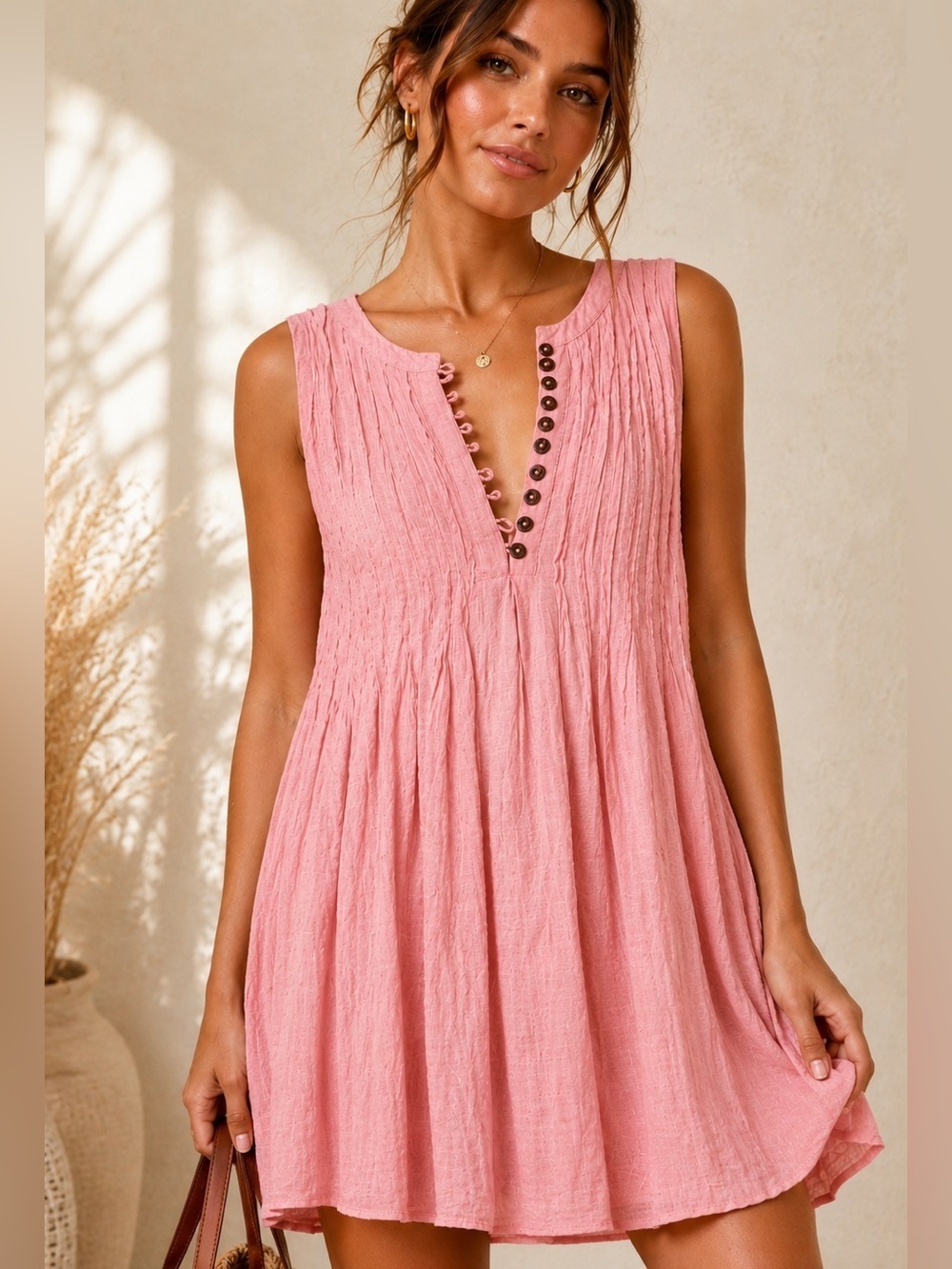 Anthropologie Pink Linen Babydoll Mini Dress XS Petite Balletcore Boho Feminine